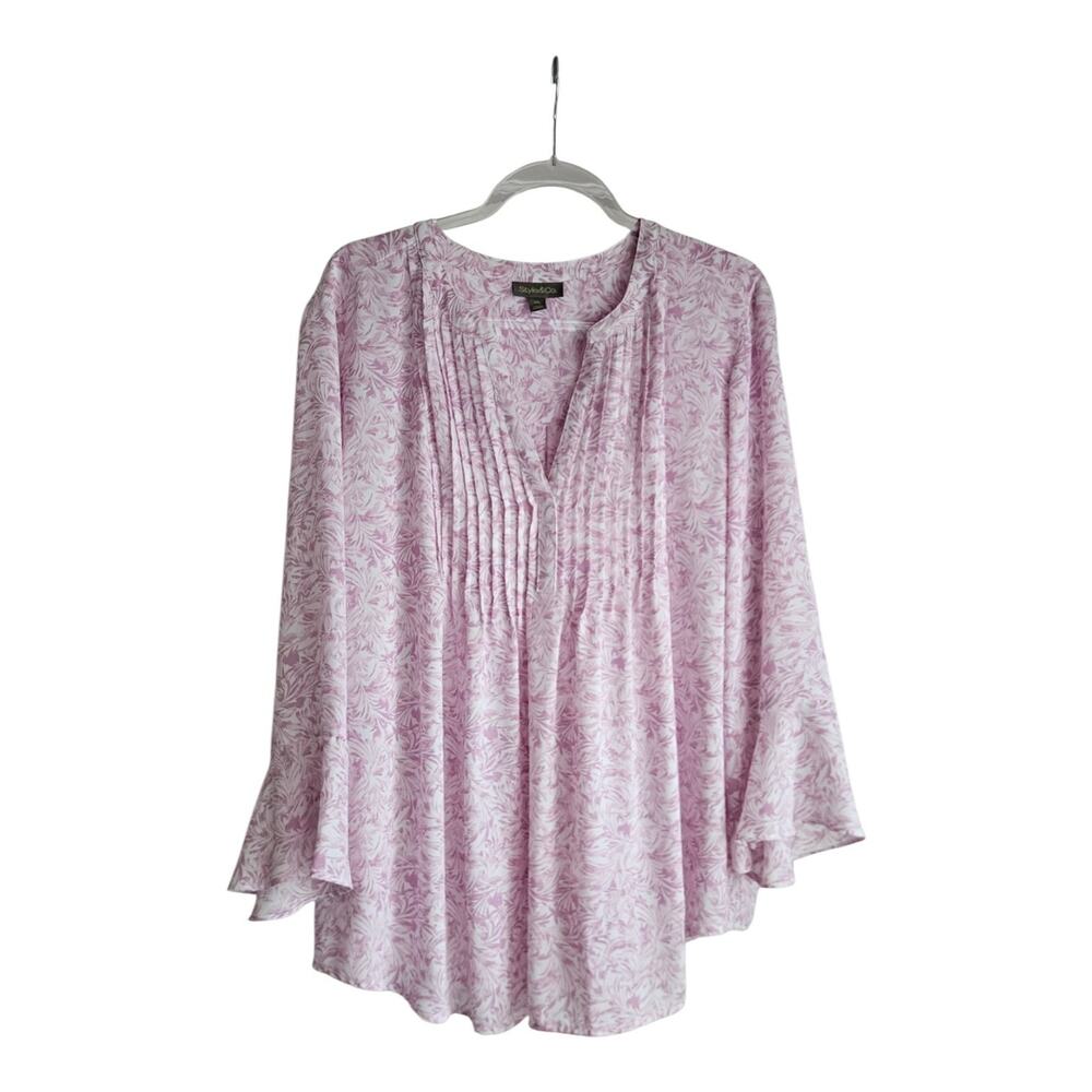 Style & Co Womens Blouse XXL Split Neck Floral L/S Bell Sleeves Purple/White